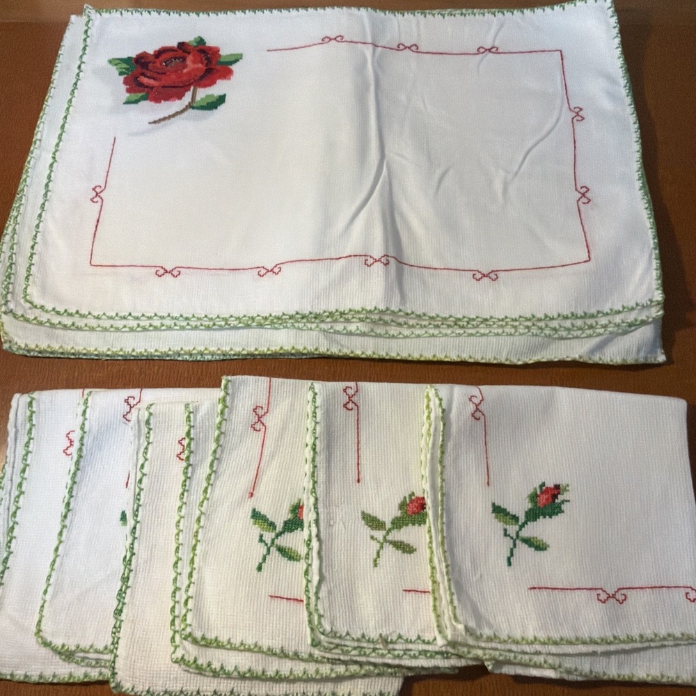 Vintage Set 6 Placemats & Napkins Cross Stitch Pink Rose Handmade Never Used